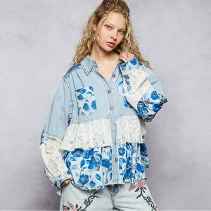 Balloon Sleeve Double Gauze Floral Denim Jacket Blue